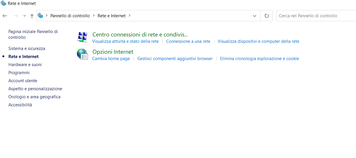 pannello di controllo Windows connessione rete