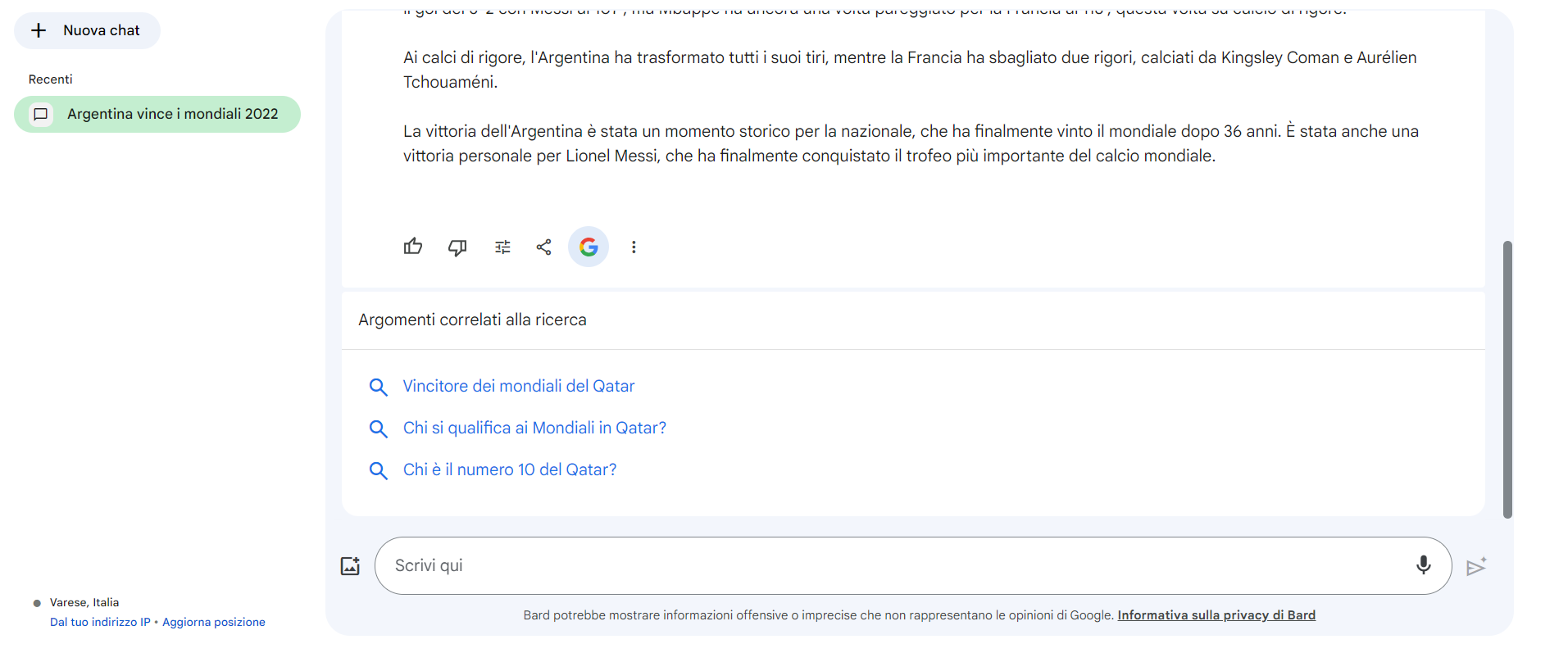 Schermata con la risposta va bene o non va bene su Google Bard