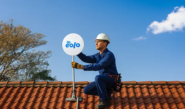 Tecnico EOLO installa l'antenna sul tetto di un'abitazione