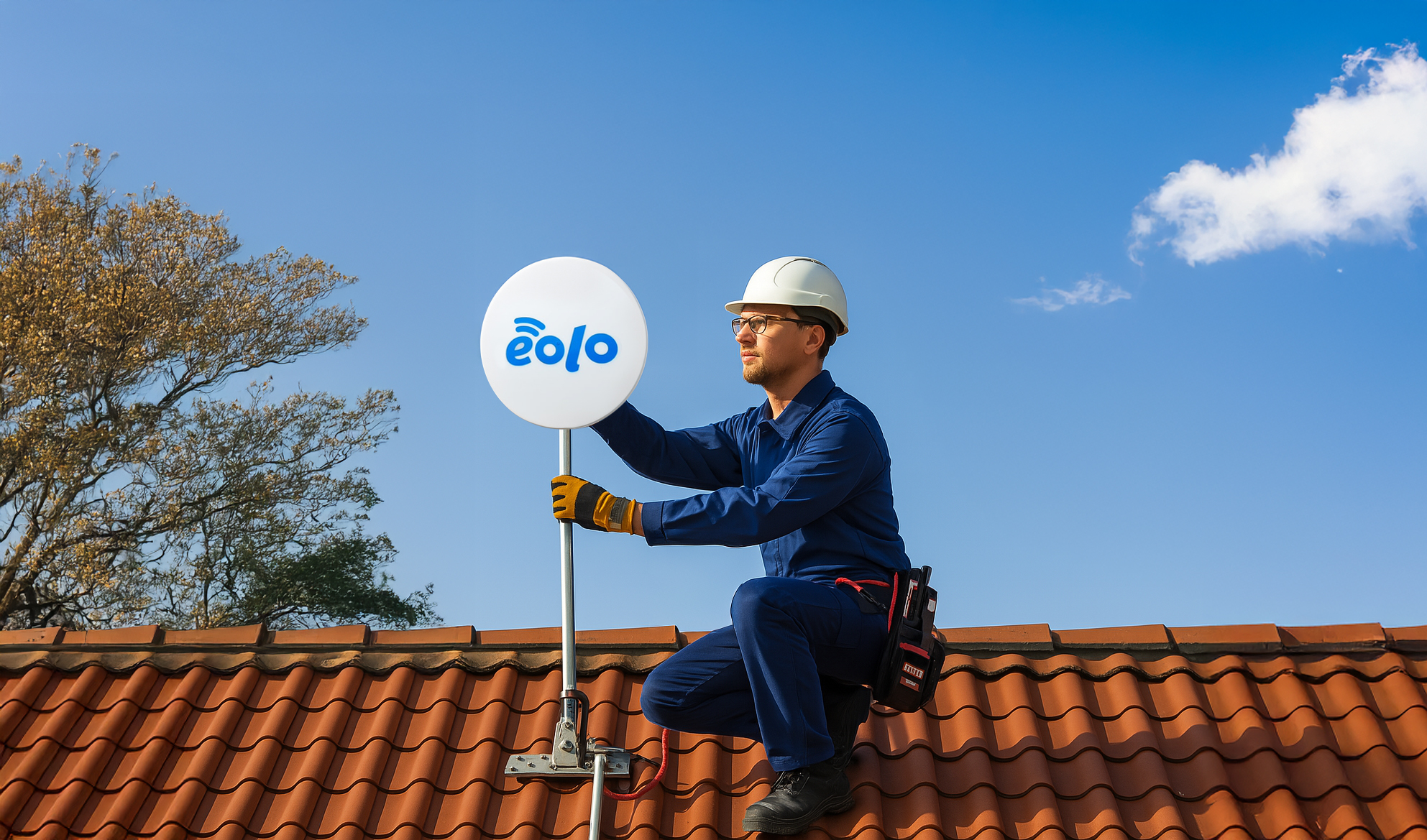 Tecnico EOLO installa l'antenna sul tetto di un'abitazione